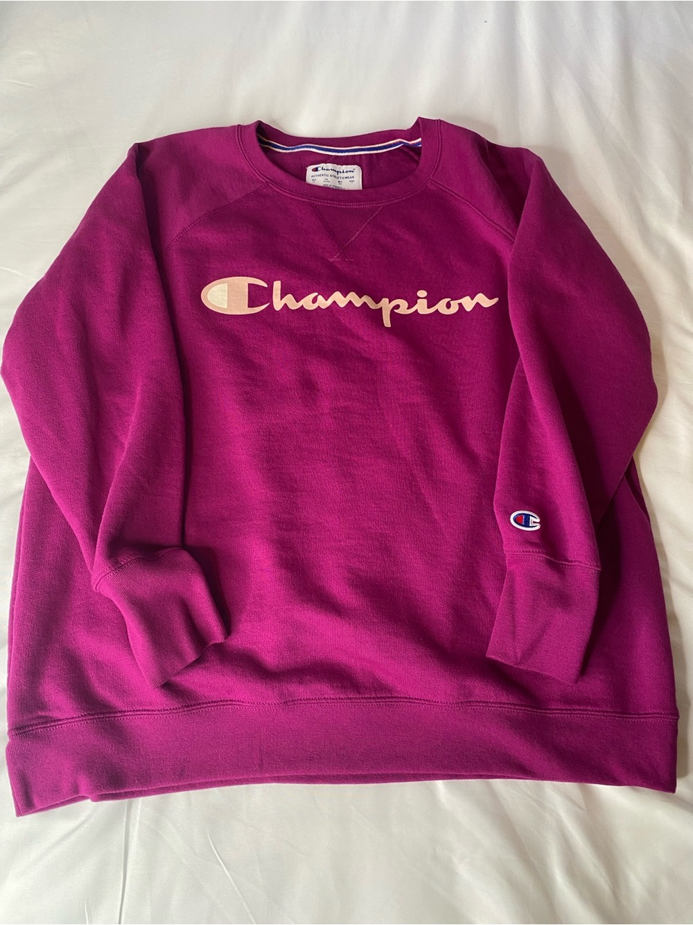 Champion Fuchsia Pink Script Logo Raglan Sweatshirt Womens 1X